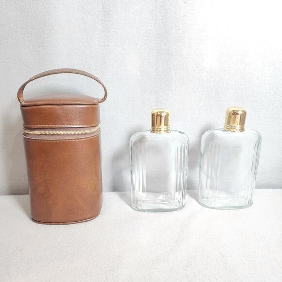 Vintage Mid-Century Travel Leather‎ Flask Carrier With (2) Glass Flasks - Picture 1 of 9